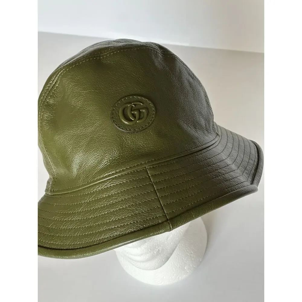 Gucci GG Leather Dark Green Bucket Hat Made in Italy Small (57 cm) 727239 NWT